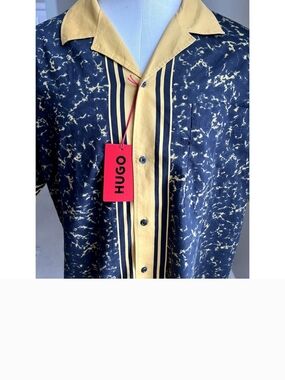 Hugo Men’s Short-Sleeve Black and Yellow Print Shirt